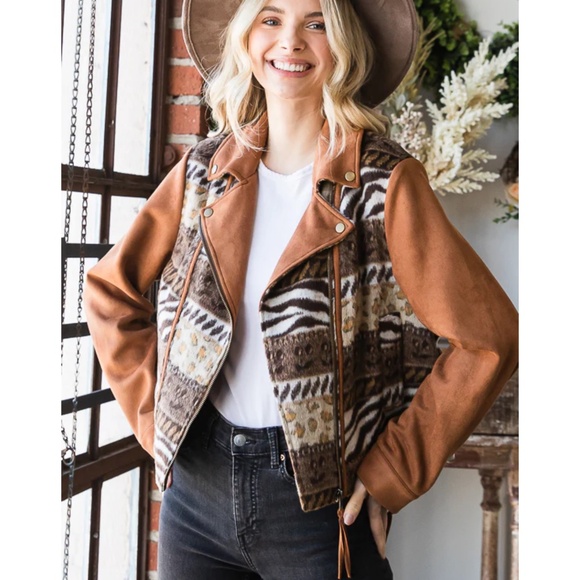 Oli & Hali “ Becky “ Oli and Hali  JACQUARD MIXED SUEDE MOTO JACKET 33 - Picture 1 of 5